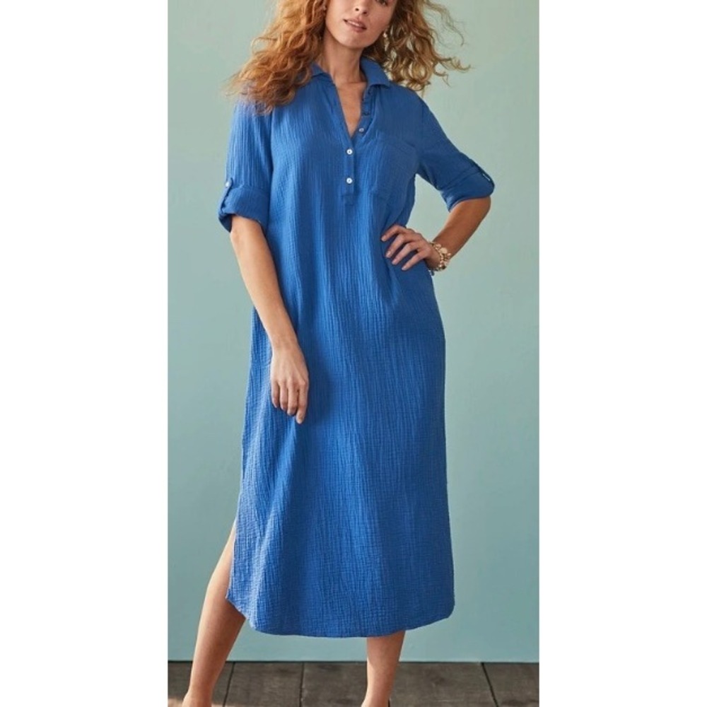 J. Jill Cobalt Blue Textured Midi Shirt Dress
